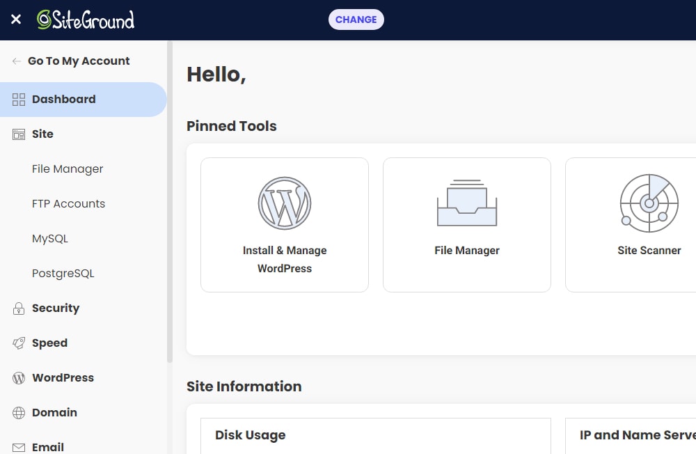 Siteground Control Panel Interface